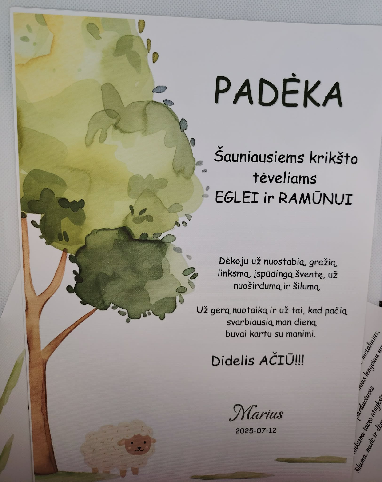 Padėka krikšto tėveliams MARIUS