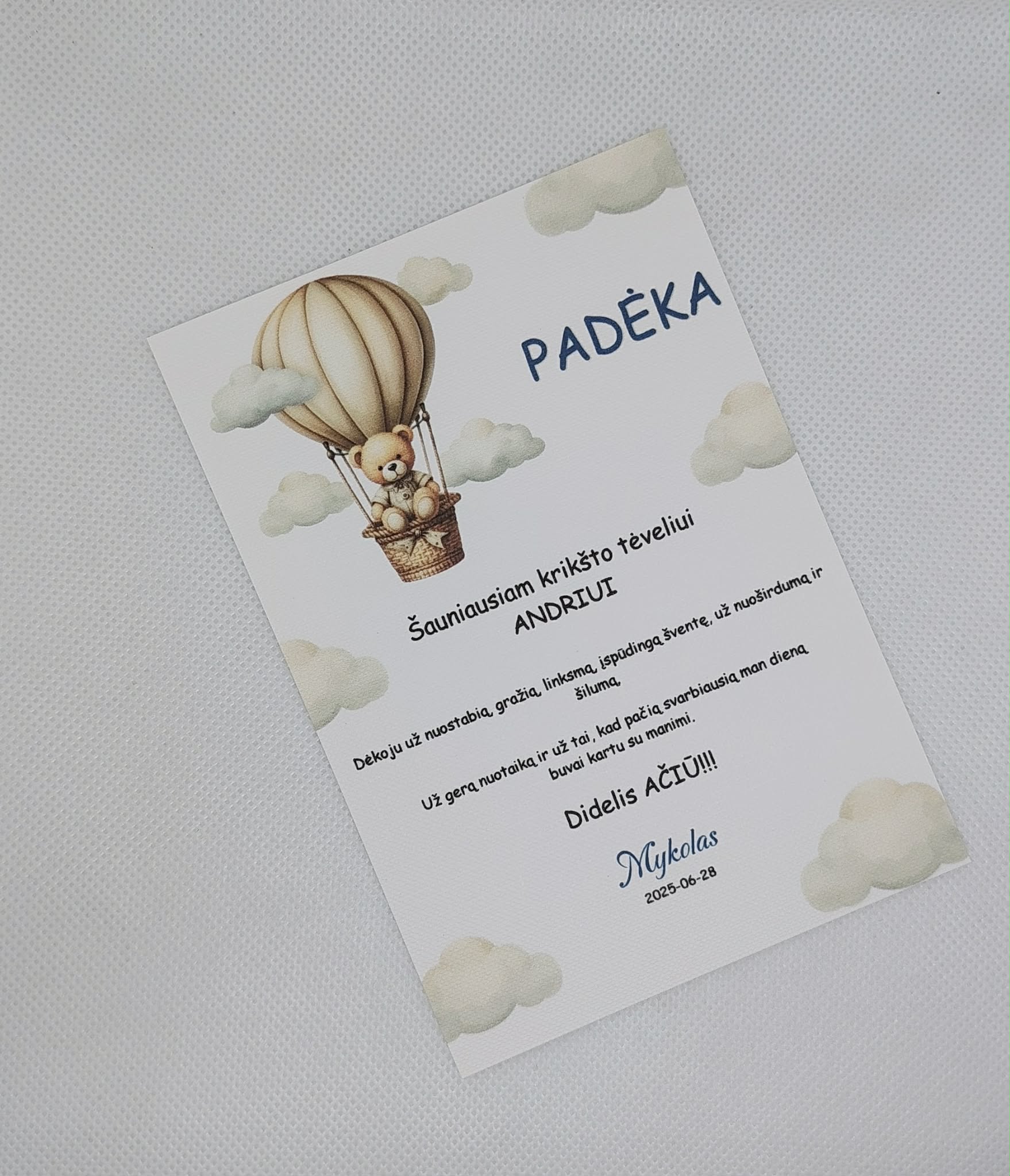 Padėka krikšto tėveliams MYKOLAS