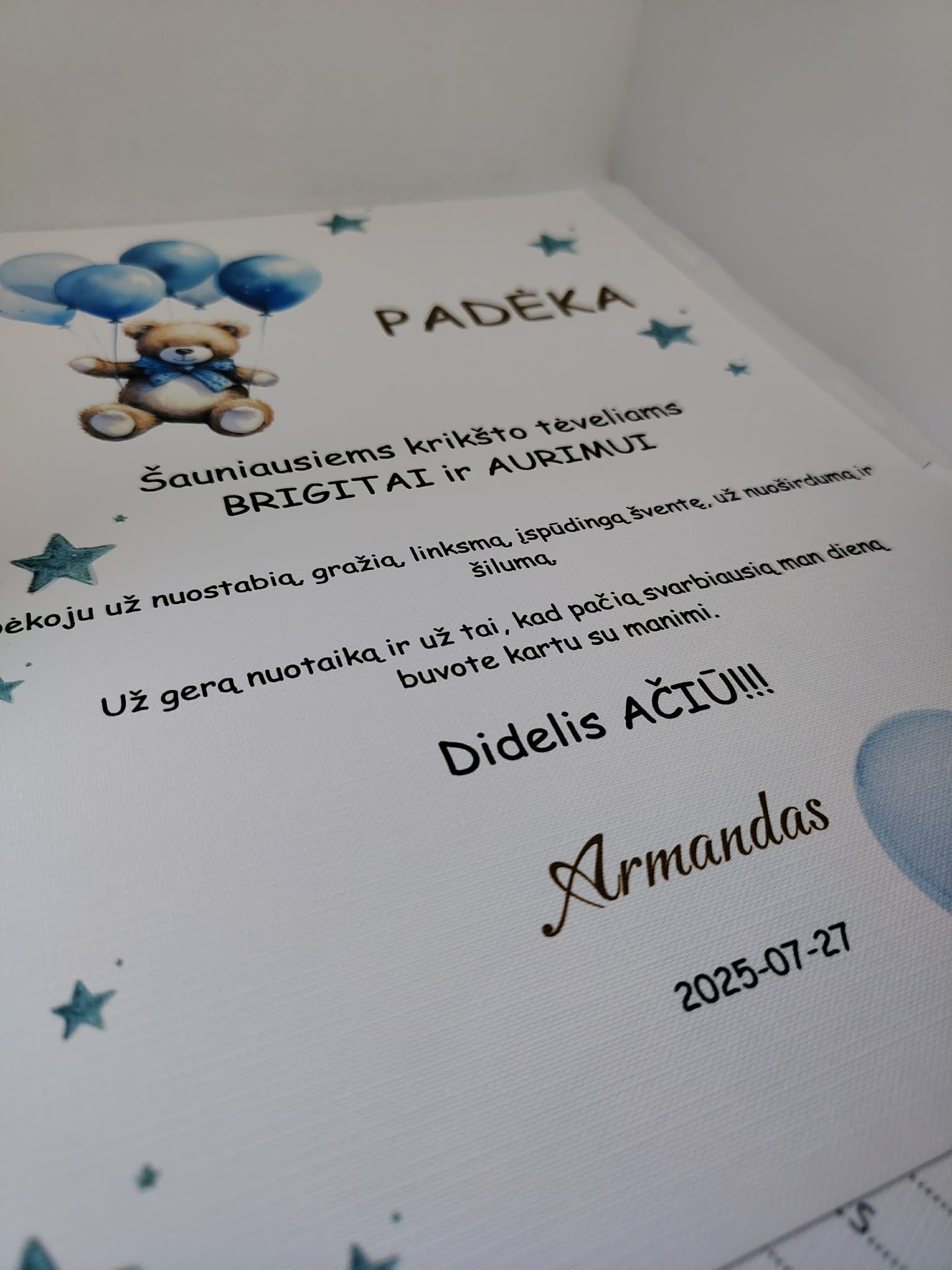 Padėka krikšto tėveliams ARMANDAS