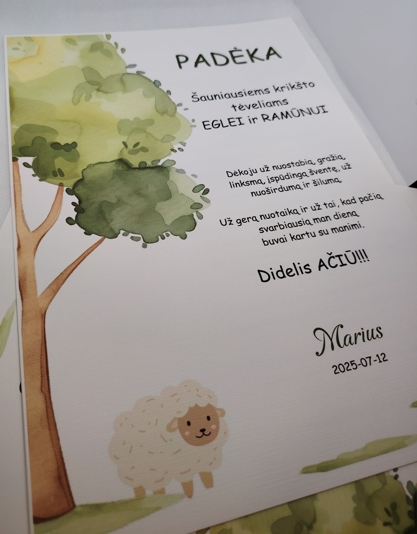 Padėka krikšto tėveliams MARIUS