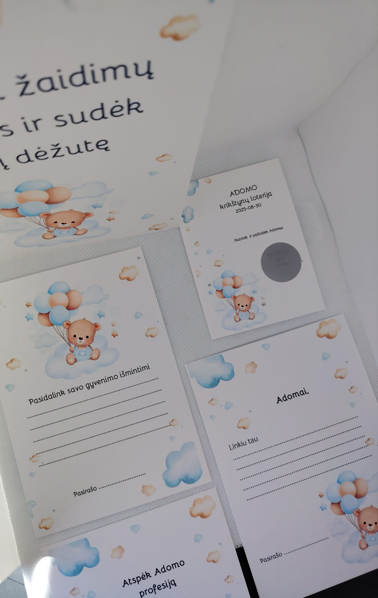 Palinkėjimų kortelių ir loterijos rinkinys MEŠKIUKAS